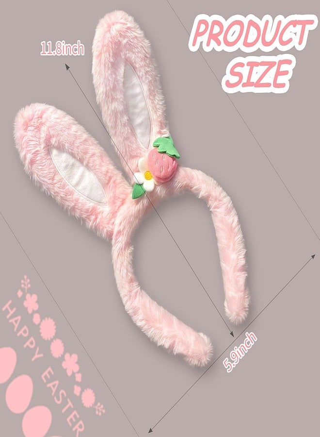 Doneace Easter Bunny Ears Headband Plush Easter Rabbit Ear Hairband Cute Strawberry Bunny Ears Headbands for Women Easter Cosplay Party Headwear Festival Costume Hair Accessories Gift 1PCS(Pink) - Image 2